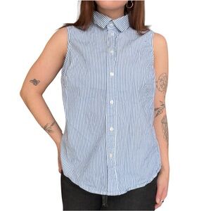 J.Crew Blue White Stripe Sleeveless Button Down Cotton Blouse Preppy Collared